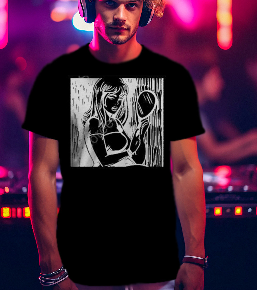Billie Eilish Store Mirror Art Black And White Line Drawing Woman With Handheld Mirror T-Shirt