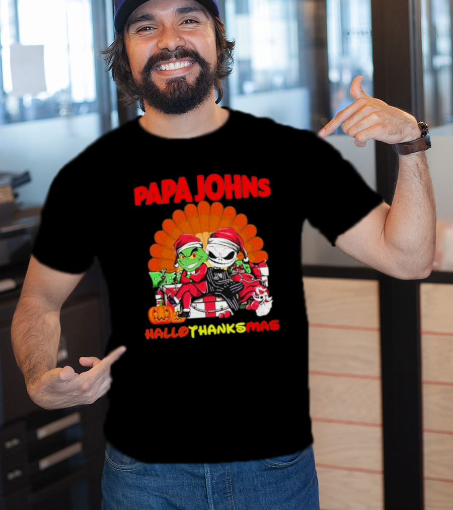 Papa Johns Baby Grinch Baby Jack Skellington HalloThanksMas T-Shirt
