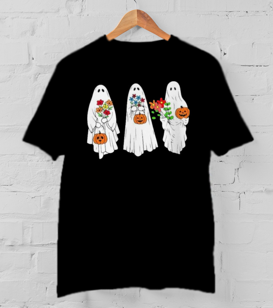 Floral Ghost Pumpkin Halloween Trio With Colorful Bouquet T-Shirt