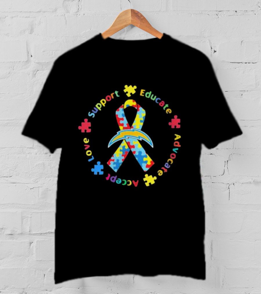 Los Angeles Chargers Autism Puzzle Ribbon Support Educate Advocate Accept Love T-Shirt