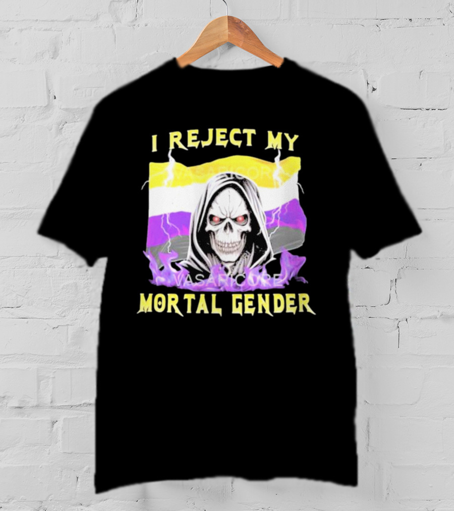 I Reject My Mortal Gender Nonbinary Skull With Hood And Lightning T-Shirt