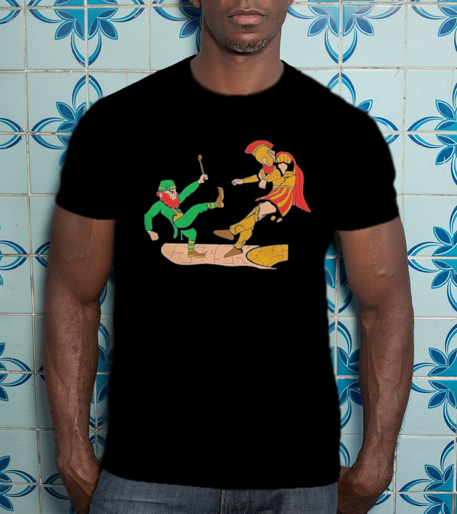 Notre Dame Leprechaun Vs. Trojan Warrior Kick Battle T-Shirt