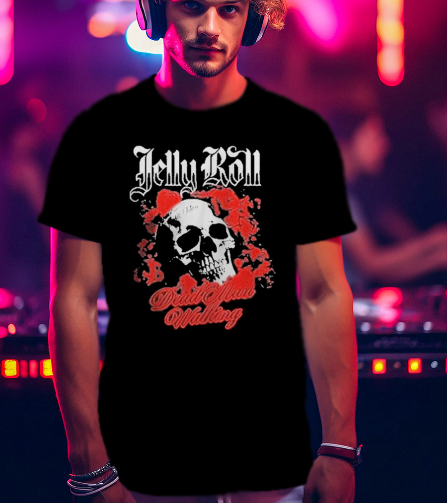 Jelly Roll Dead Man Walking Black Floral Skull Roses T-Shirt