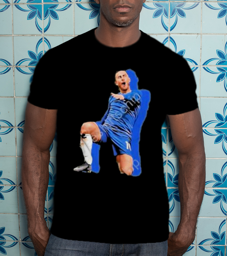 The By Line Show Garden Of Eden Celebration Pose Soccer Player In Blue Jersey T-Shirt