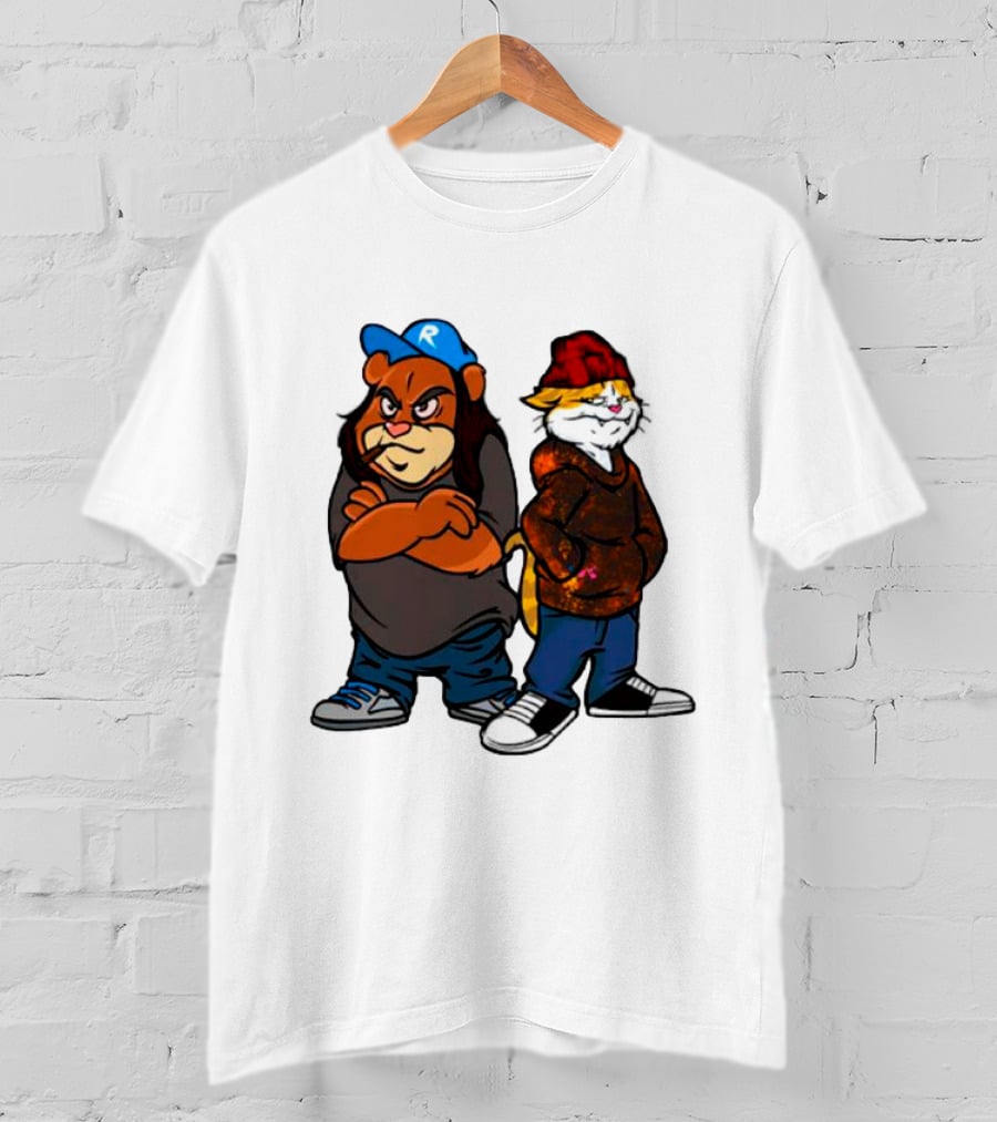 Phobik X Ratchet Cartoon Bear In Blue Cap And Cat In Red Beanie T-Shirt