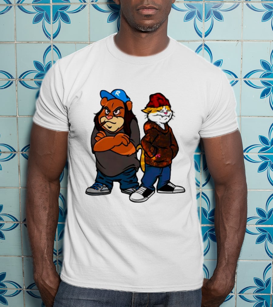 Phobik X Ratchet Cartoon Bear In Blue Cap And Cat In Red Beanie T-Shirt