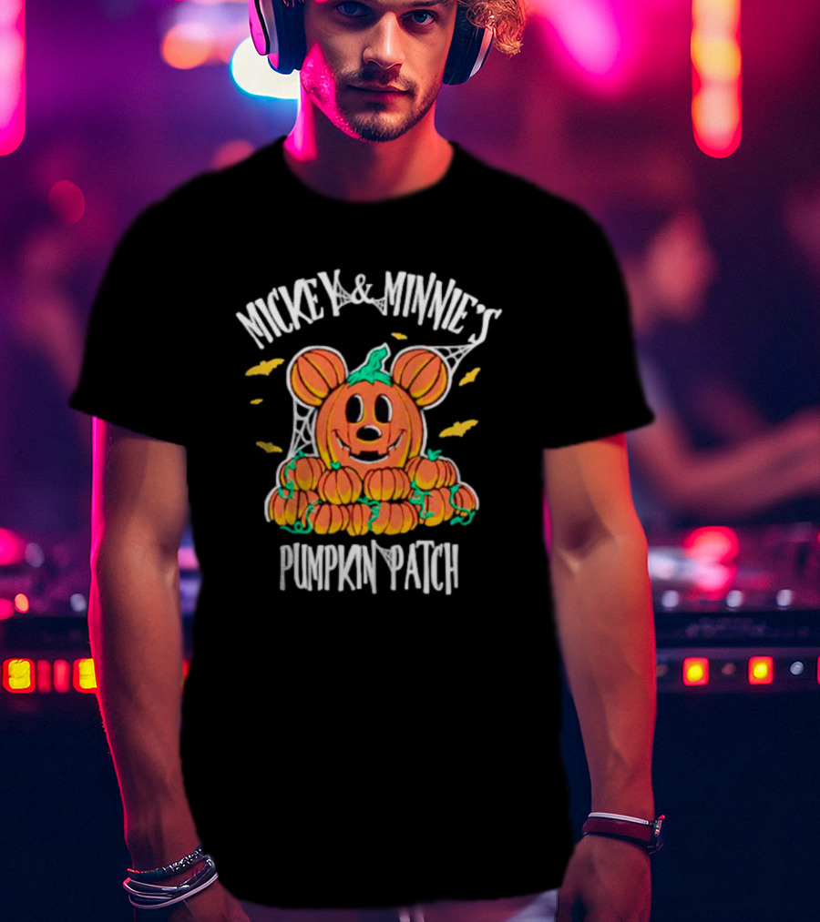 Mickey And Minnie's Pumpkin Patch Halloween Pumpkin Character With Ears And Spider Webs T-Shirt