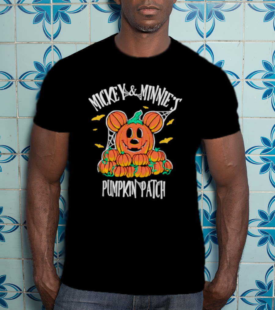 Mickey And Minnie's Pumpkin Patch Halloween Pumpkin Character With Ears And Spider Webs T-Shirt