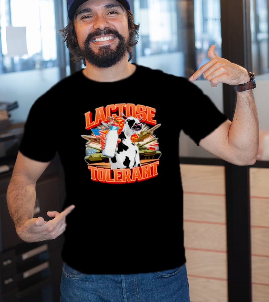 Lactose Tolerant Cow Holding Milk With Explosions And Tanks T-Shirt