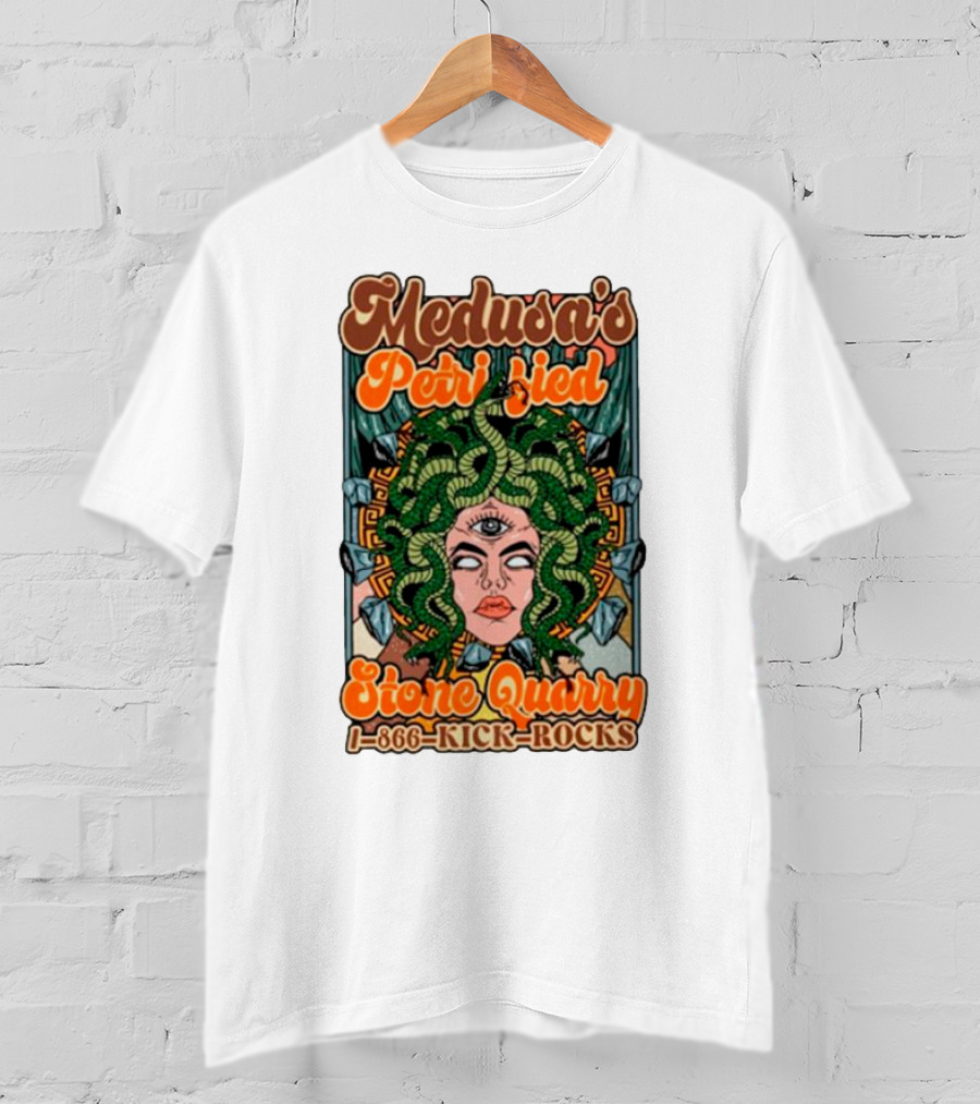 Medusa's Petrified Stone Quarry 1-866-Kick-Rocks Serpentine Gorgon Face With Third Eye And Stone Background T-Shirt