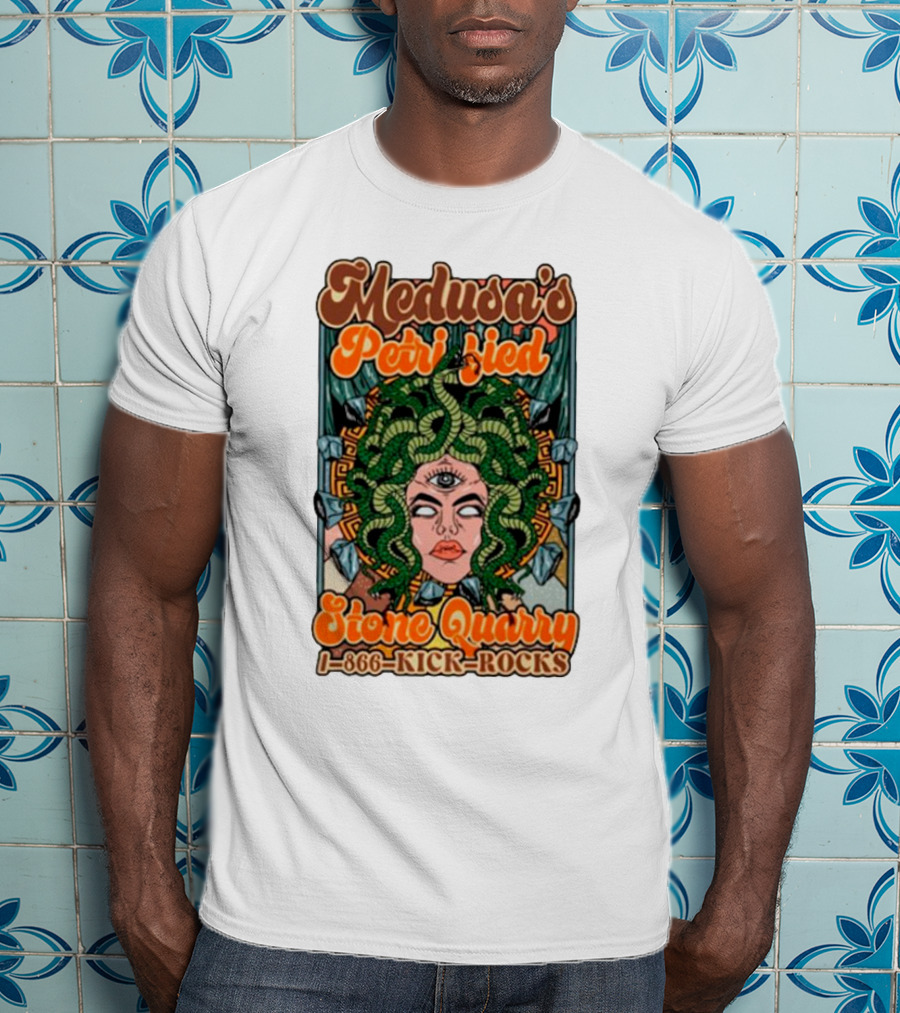 Medusa's Petrified Stone Quarry 1-866-Kick-Rocks Serpentine Gorgon Face With Third Eye And Stone Background T-Shirt