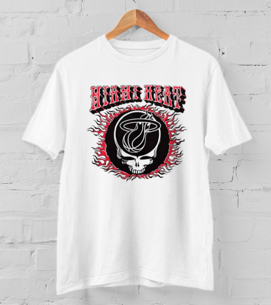 MiamI Heat Grateful Dead Skull Logo With Flaming Basketball T-Shirt
