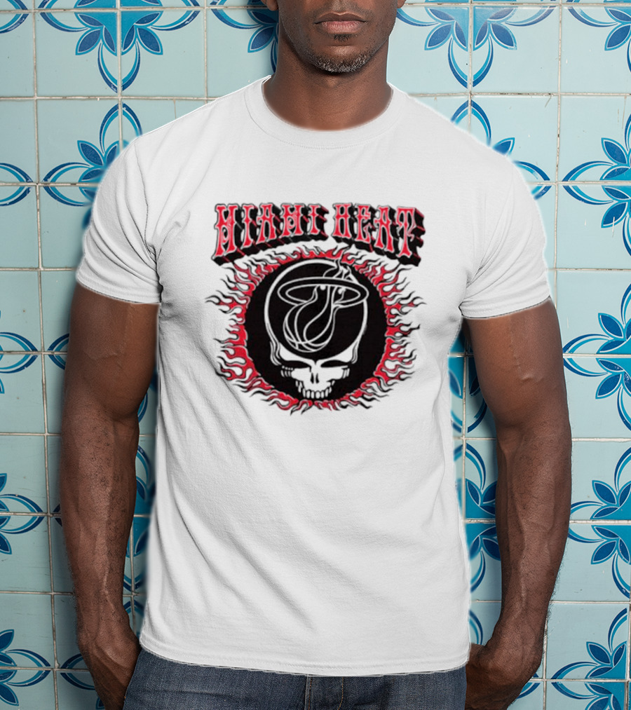 MiamI Heat Grateful Dead Skull Logo With Flaming Basketball T-Shirt