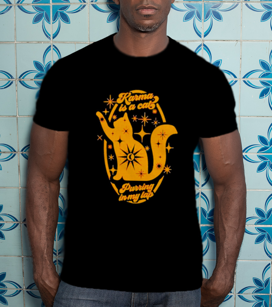 Karma Is A Cat Purring In My Lap With Celestial Stars And Moon T-Shirt