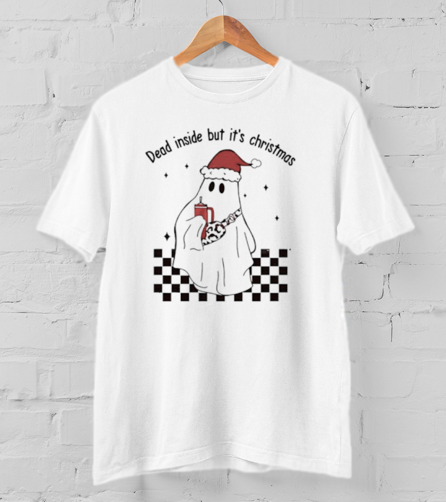 Dead Inside But It's Christmas Ghost With Santa Hat And Mug T-Shirt