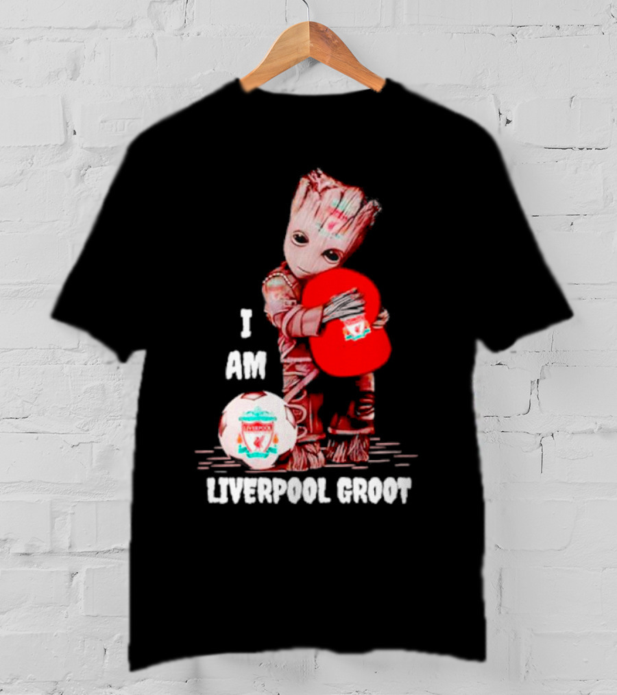 Groot I Am Liverpool FC Soccer Ball Hugging Tree Creature T-Shirt