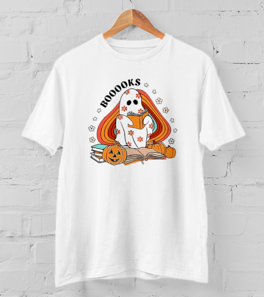 BOOOOKS Ghost Reading With Pumpkins And Flowers T-Shirt