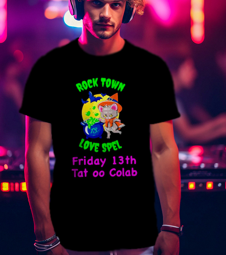 Rock Town Love Spell Friday 13th Tattoo Collab Cat Pumpkin Moon T-Shirt