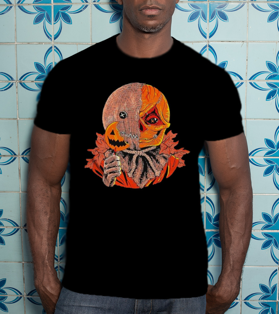 Horrors Of Halloween Trick R Treat Pumpkin Skull Mask T-Shirt