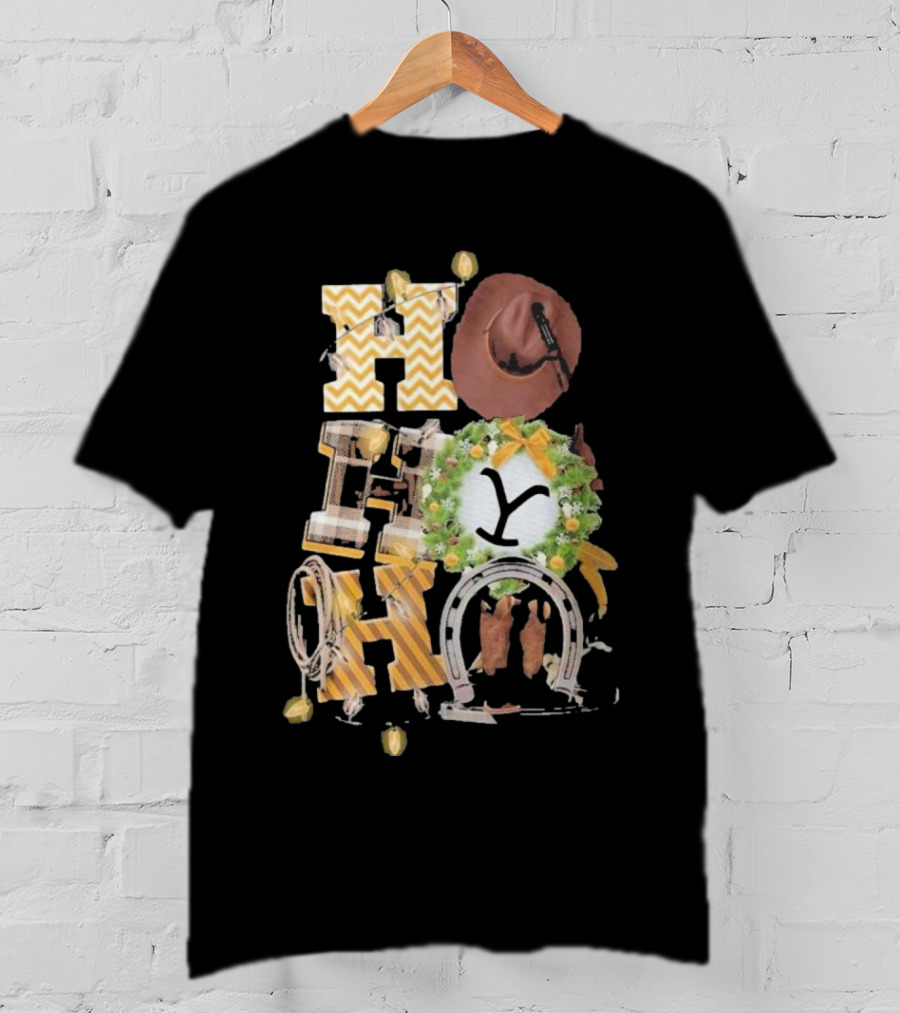 Yellowstone Christmas Hohoho Western Holiday Decor Cowboy Hat Wreath T-Shirt