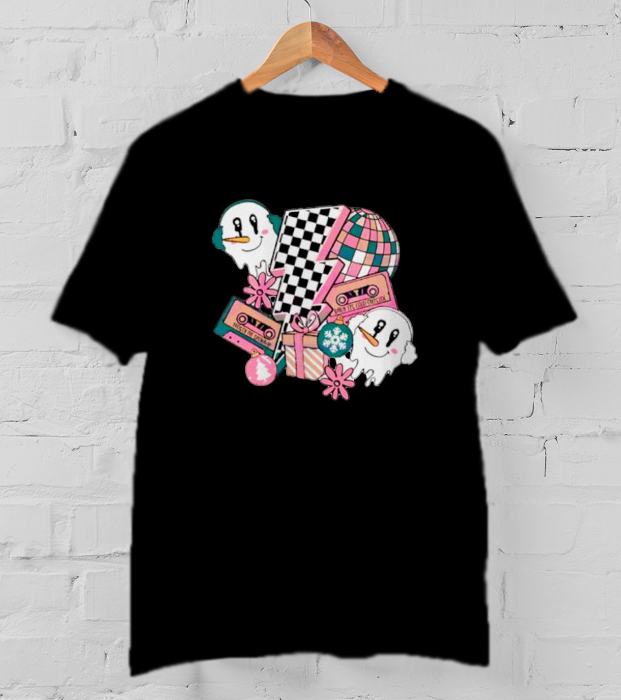 Christmas Lightning Bolt Snowman Retro Ghost Disco Cassette T-Shirt