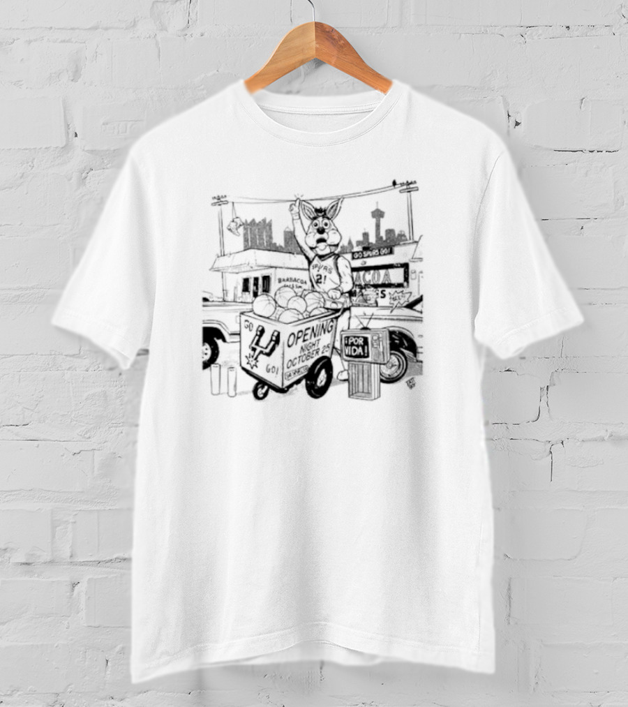 San Antonio's Puro Culture Spurs Por Vida Opening October 21 Barbacoa Texas Scene Featuring Basketball Iconic Symbols T-Shirt