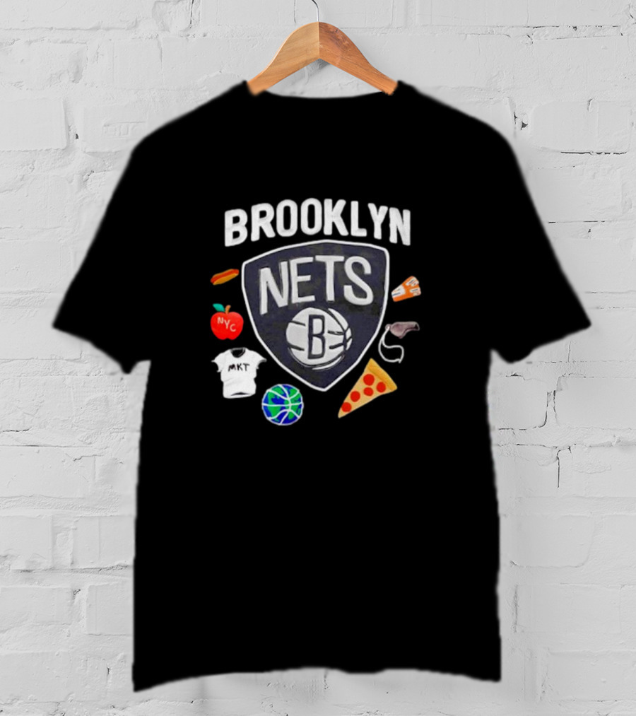 Brooklyn Nets NBA Claymation NYC Basketball Pizza Hot Dog Apple Icons T-Shirt