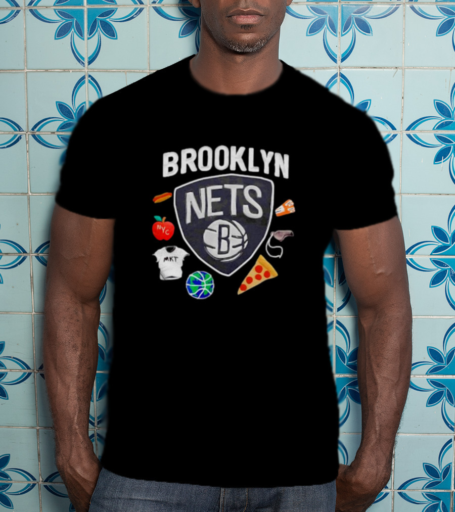 Brooklyn Nets NBA Claymation NYC Basketball Pizza Hot Dog Apple Icons T-Shirt
