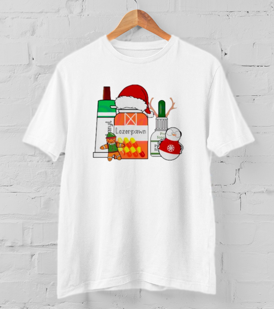 Christmas Pharmacy Technician Santa Hat Pill Bottles Gingerbread Snowman T-Shirt
