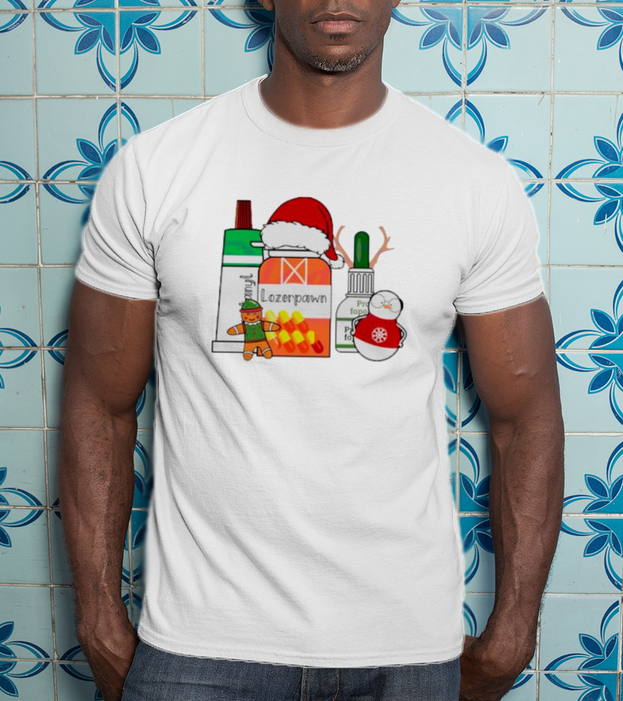 Christmas Pharmacy Technician Santa Hat Pill Bottles Gingerbread Snowman T-Shirt