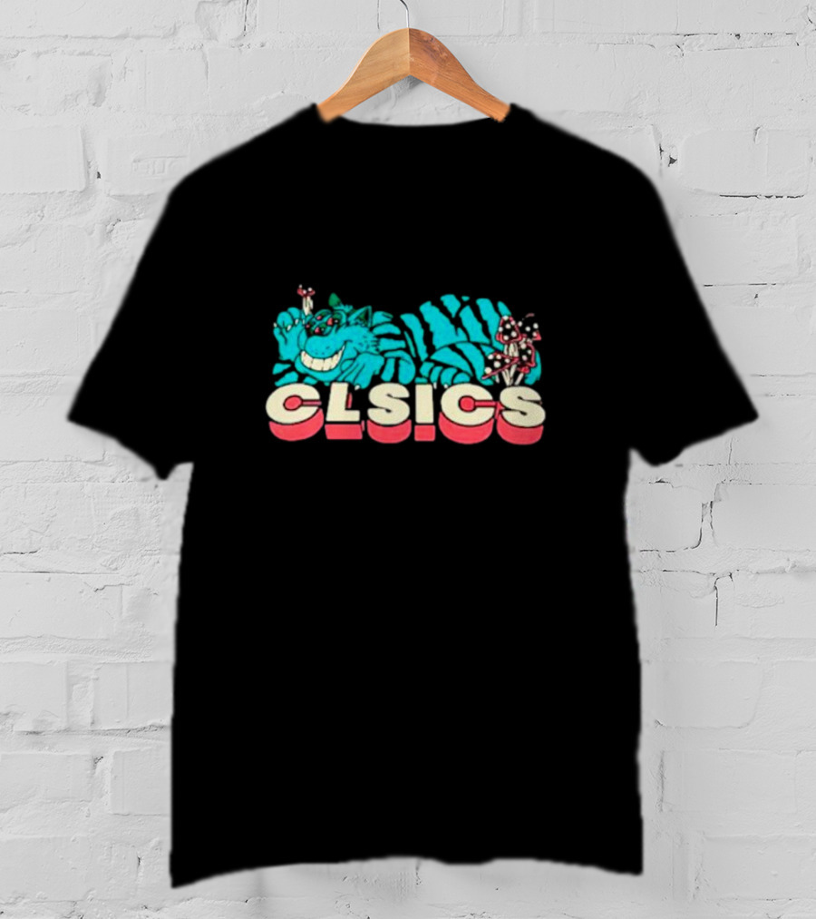 CLSICS Smiling Blue Striped Cat Fun Mushrooms T-Shirt