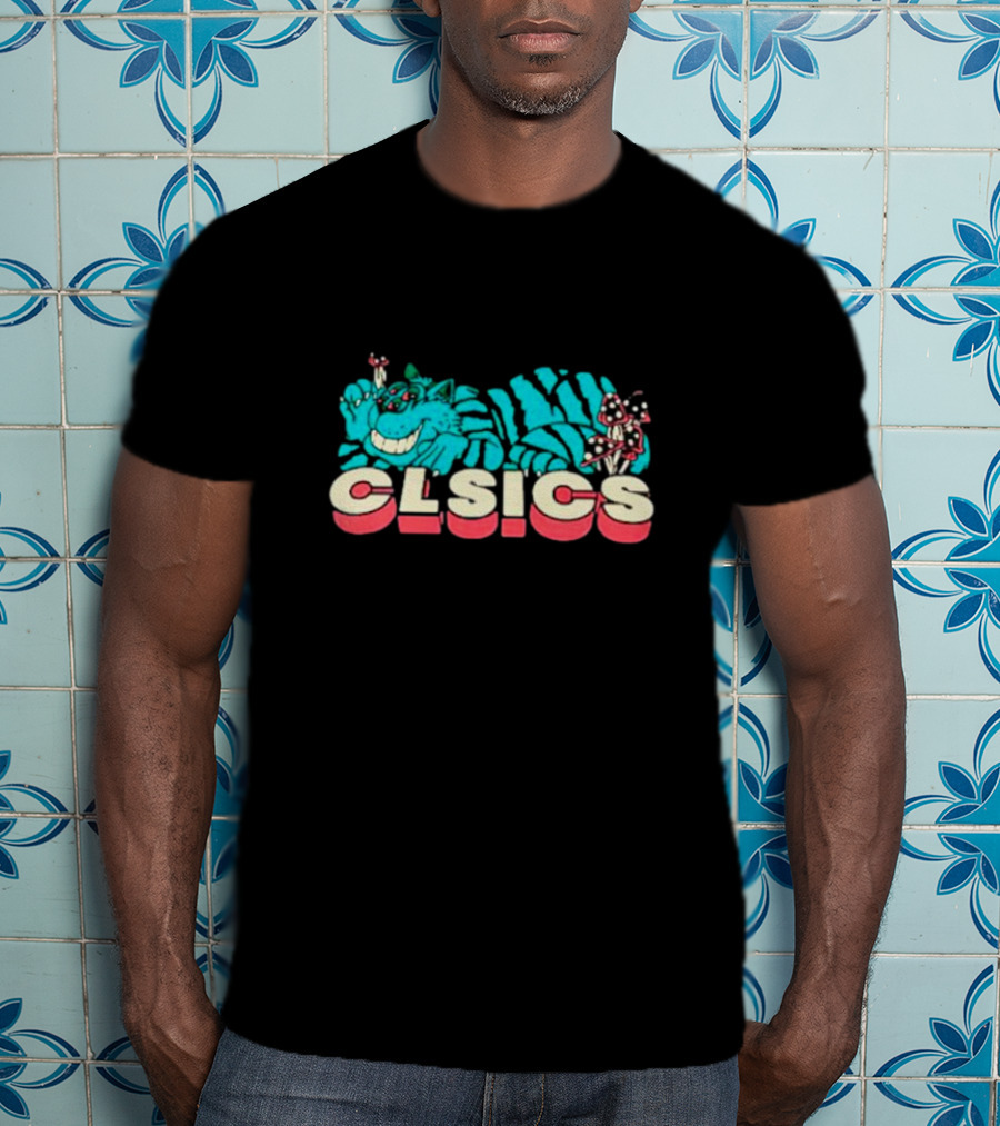 CLSICS Smiling Blue Striped Cat Fun Mushrooms T-Shirt