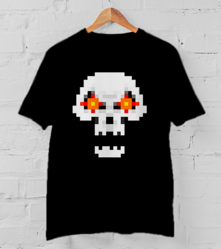 Crossing Skull Log Pixelated Gaming Skull With Red-Eyed Glare T-Shirt