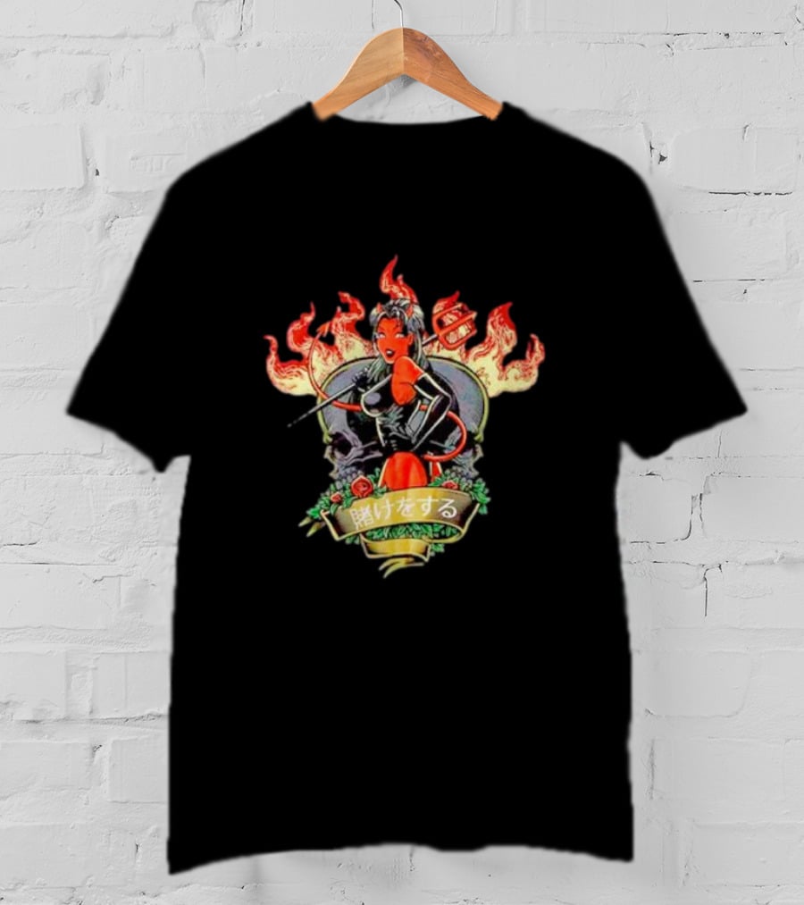 Devil Babe Racing In Flames With Japanese Text And Skull Elements T-Shirt