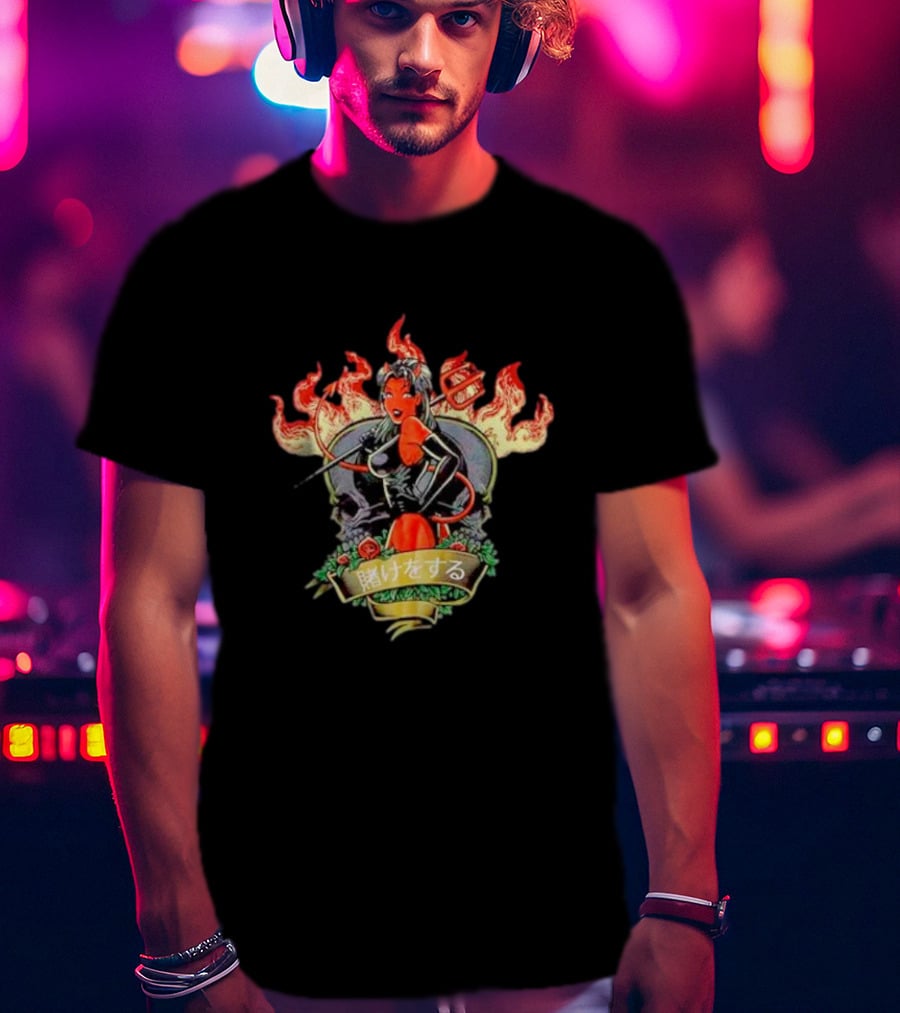 Devil Babe Racing In Flames With Japanese Text And Skull Elements T-Shirt