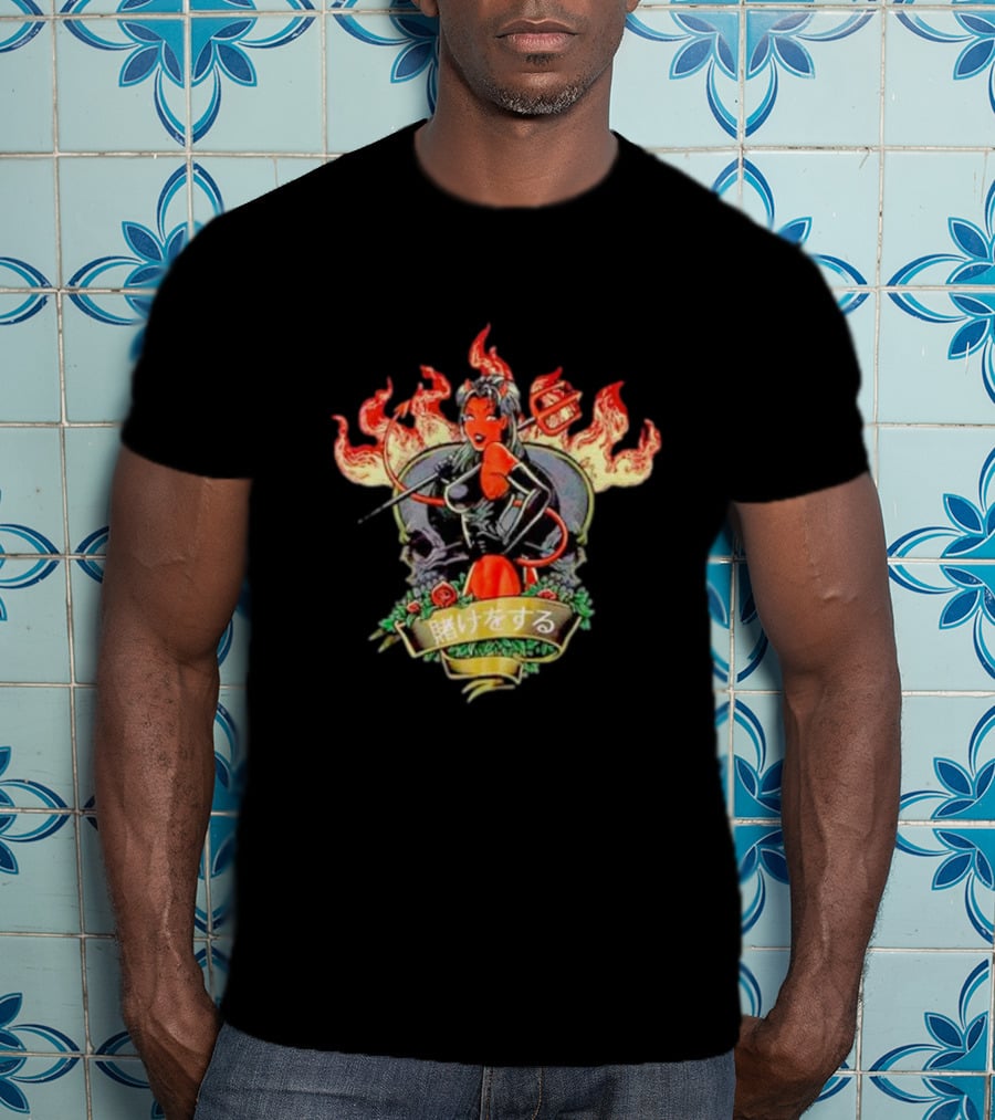Devil Babe Racing In Flames With Japanese Text And Skull Elements T-Shirt
