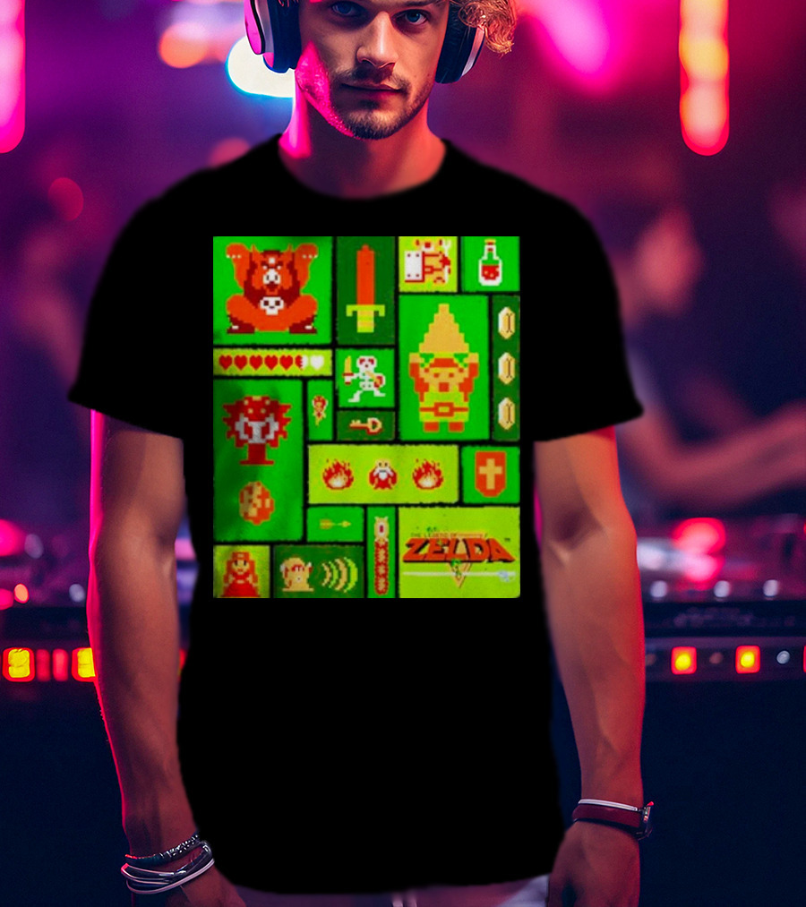 Legend Of Zelda Pixel Art Collage Retro Gaming Icons T-Shirt