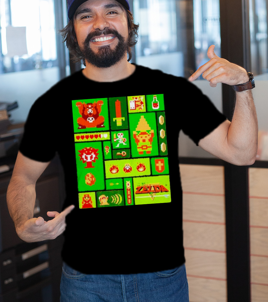 Legend Of Zelda Pixel Art Collage Retro Gaming Icons T-Shirt