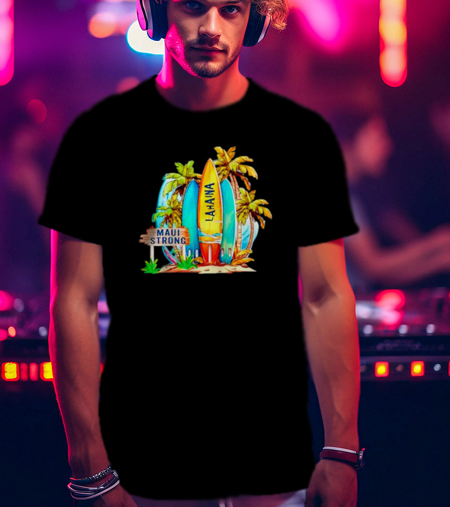 Maui Strong Lahaina Surfboard And Palm Trees Fundraiser T-Shirt