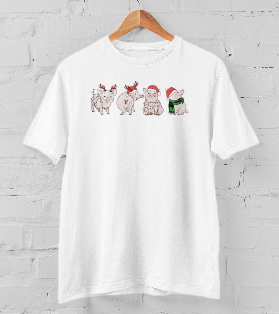 Pig Christmas Santa Hat With Reindeer And Festive Decorations T-Shirt