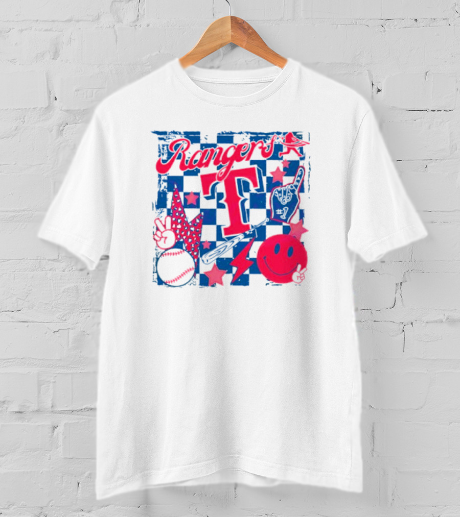 Rangers T Large Checkerboard Stars Baseball Smiley Lightning Peace T-Shirt