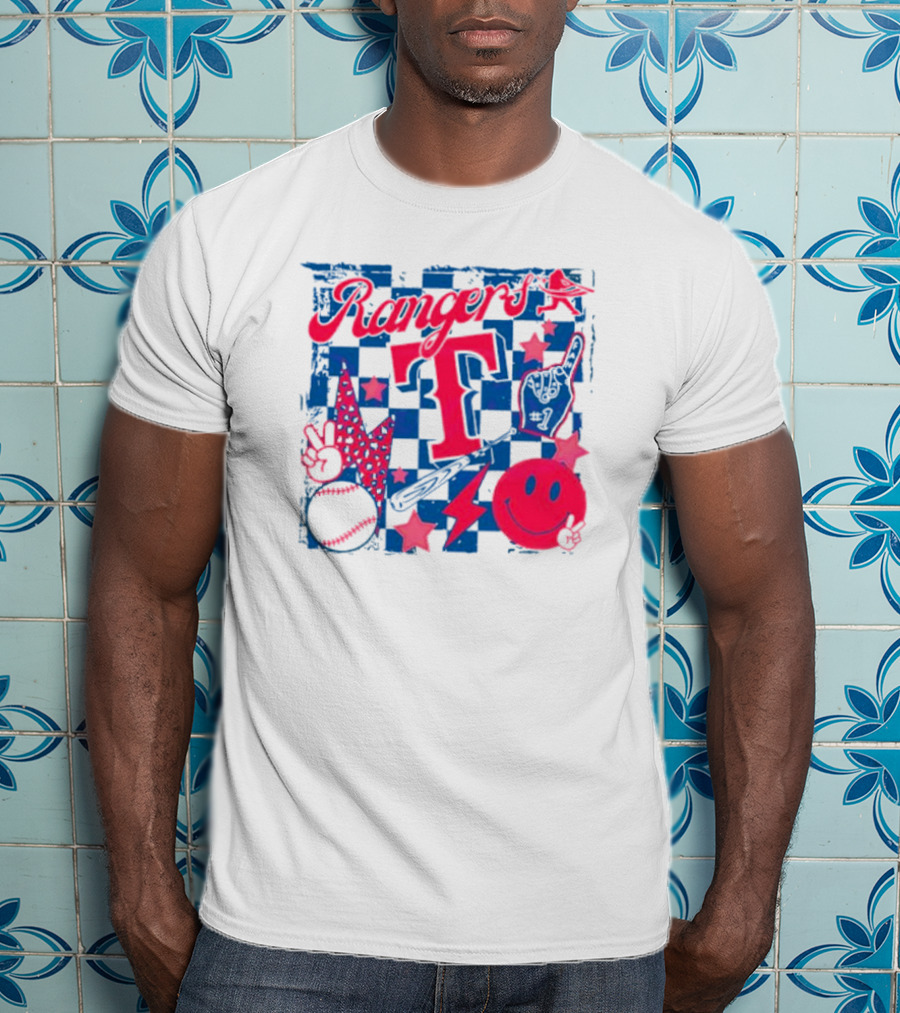 Rangers T Large Checkerboard Stars Baseball Smiley Lightning Peace T-Shirt