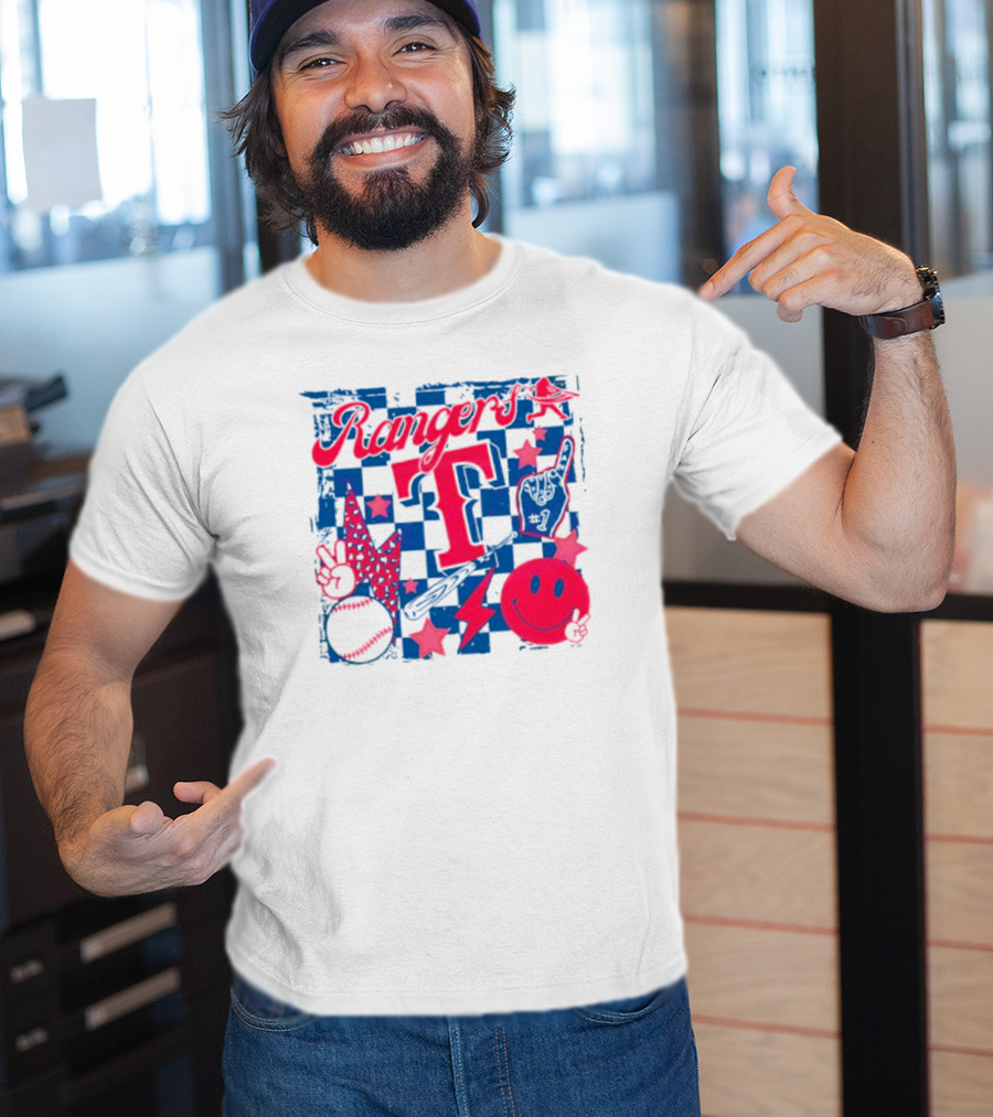 Rangers T Large Checkerboard Stars Baseball Smiley Lightning Peace T-Shirt