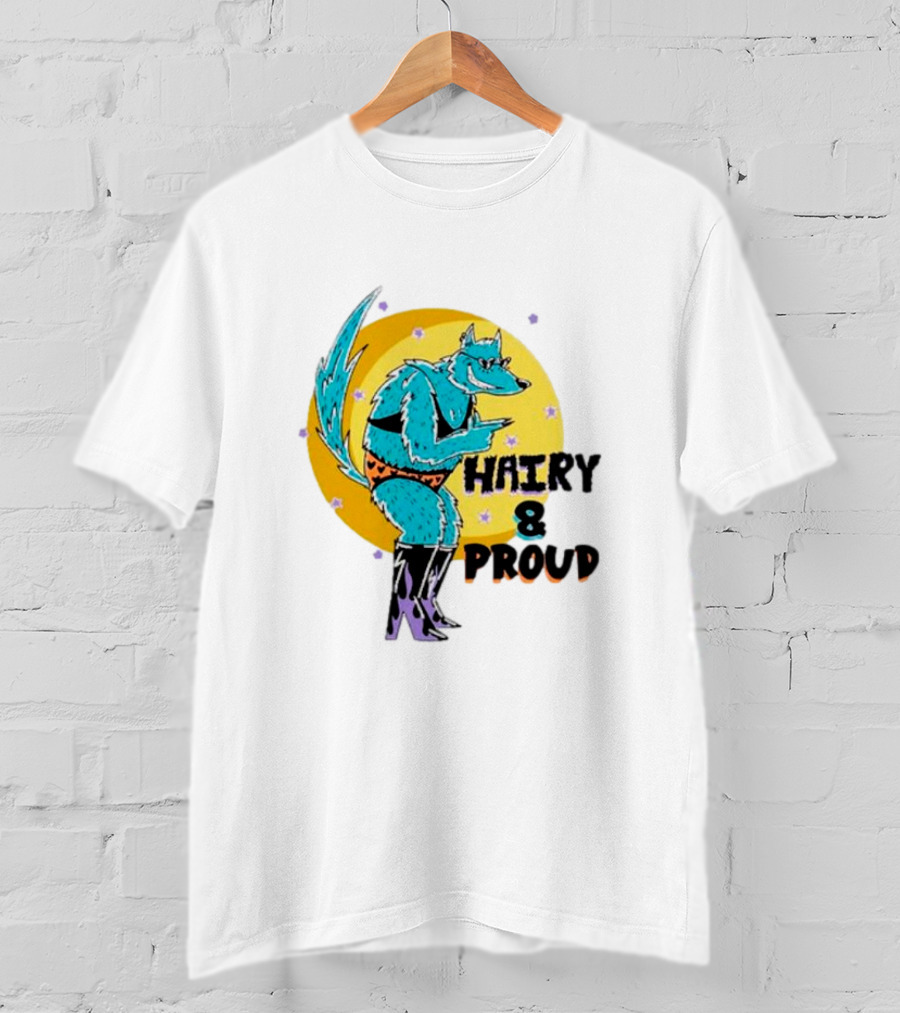 Wofl Hairy And Proud: Blue Wolf Character With Moon Background And Stars T-Shirt