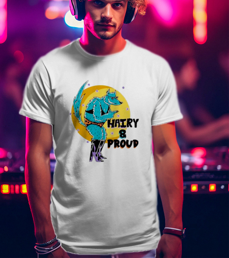 Wofl Hairy And Proud: Blue Wolf Character With Moon Background And Stars T-Shirt