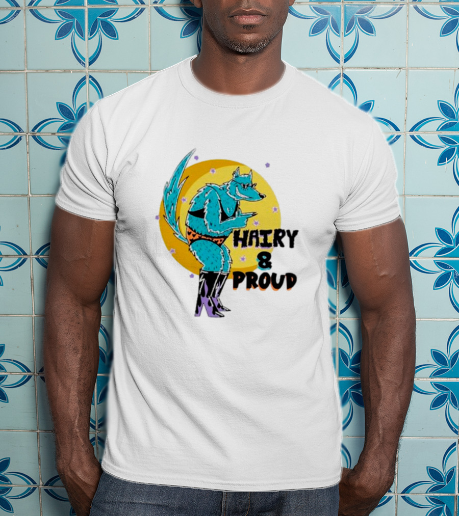 Wofl Hairy And Proud: Blue Wolf Character With Moon Background And Stars T-Shirt