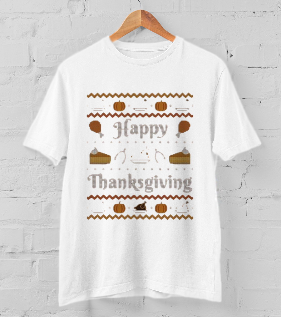 Happy Thanksgiving Pumpkin Pie Turkey Cross-Stitch T-Shirt
