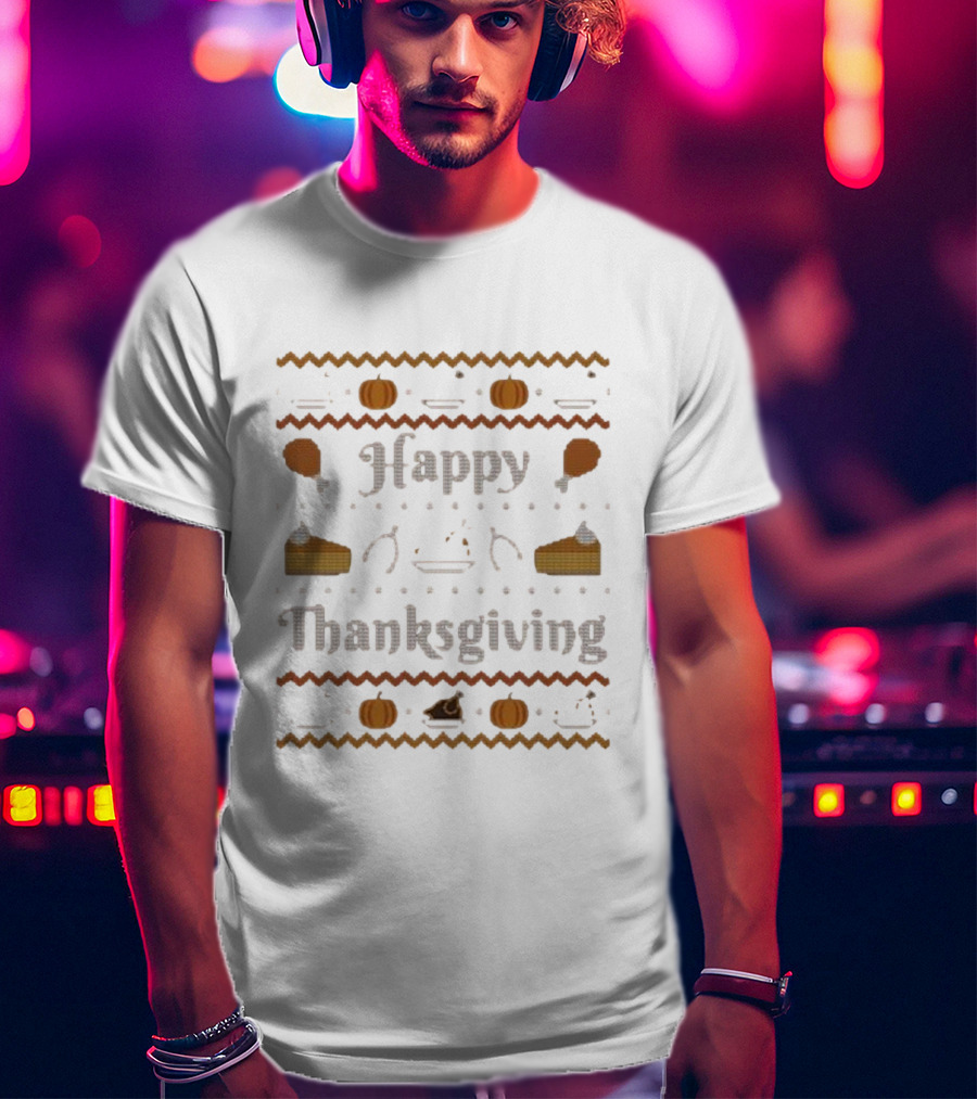Happy Thanksgiving Pumpkin Pie Turkey Cross-Stitch T-Shirt