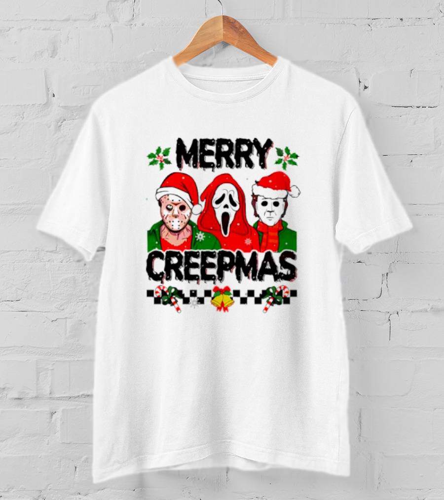 Merry Creepmas Horror Characters With Festive Scary Holiday T-Shirt