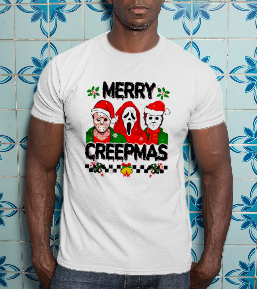 Merry Creepmas Horror Characters With Festive Scary Holiday T-Shirt